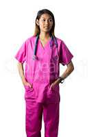 Asian nurse with stethoscope looking at the camera