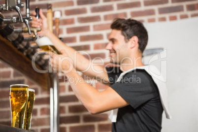 Handsome barman pouring a pint of beer