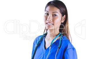 Asian nurse with stethoscope looking at the camera