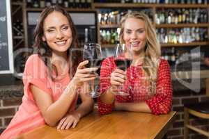 Cute friends having a glass of red wine