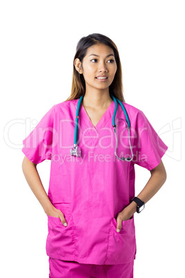 Asian nurse with stethoscope looking at the camera