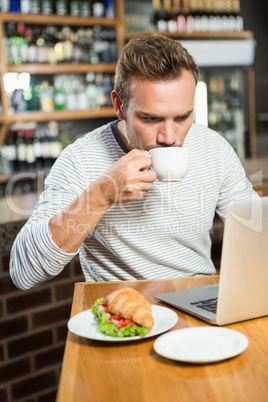 Handsome man using laptop and having a coffee