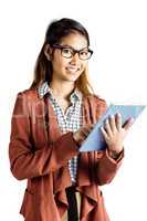 Smiling businesswoman with eyeglasses using a tablet