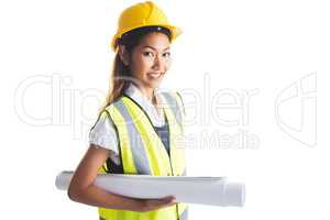 Architect woman with yellow helmet and plans