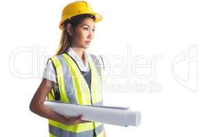 Architect woman with yellow helmet and plans