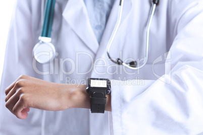 Asian doctor showing her smart watch