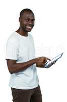 Man using digital tablet on white background