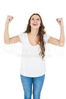 Happy woman raising fist