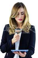 Woman using magnifying glass
