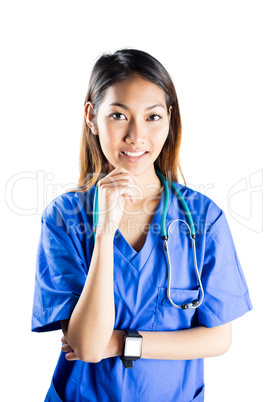 Asian nurse thinking with hand on chin