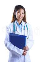 Asian doctor holding blue binder