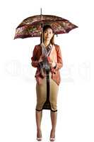 Businesswoman with an umbrella holding a binder