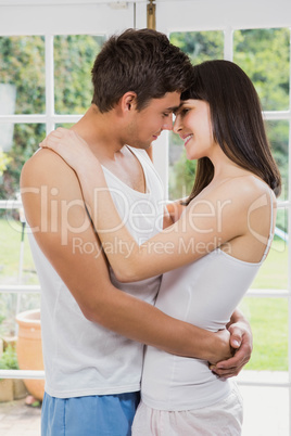 Young couple cuddling on living room