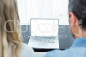 Couple using laptop in living room