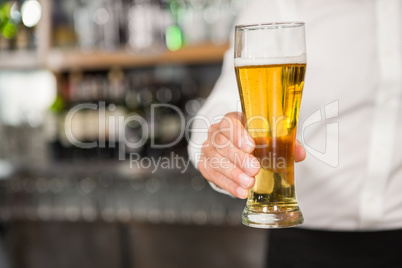 Handsome bar tender giving a pint for a customer