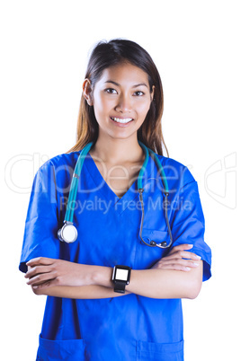 Asian nurse with stethoscope crossing arms