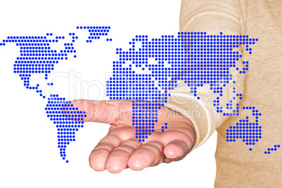 Man holding hand with symbolical world map