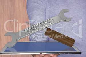Holding hands with Tablet PC and tool