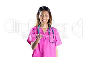 Asian nurse stretching out hand