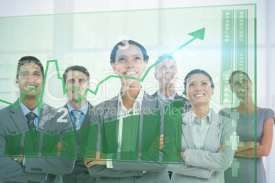 Composite image of business people looking up in office