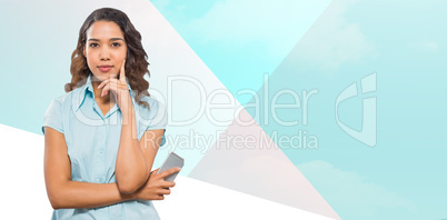 Composite image of portrait of confident businesswoman holding s