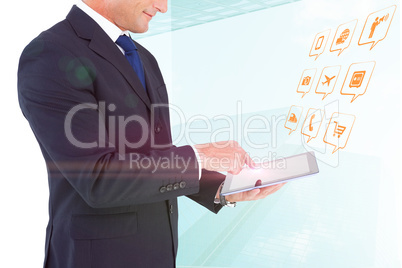 Composite image of mid section of a businessman with arms out
