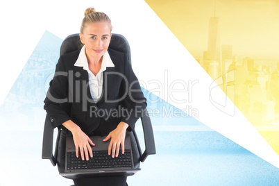 Composite image of businesswoman sitting on swivel chair with la