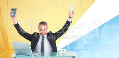 Composite image of businessman cheering holding calculator and t