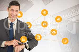 Composite image of businessman showing his watch
