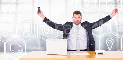 Composite image of businessman holding phone and glasses