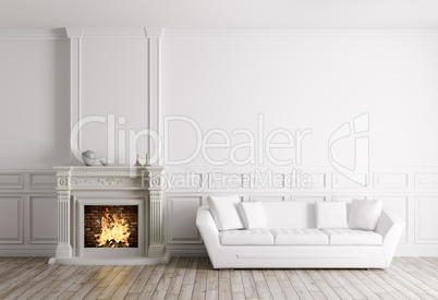 Classic interior with fireplace and sofa 3d render