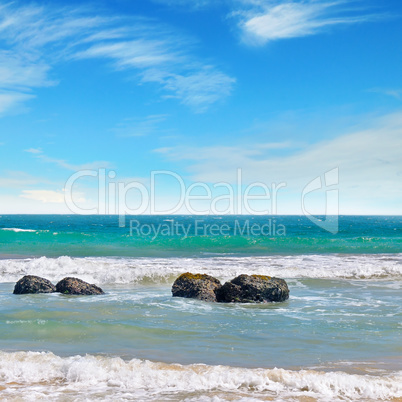 ocean, picturesque beach and blue sky