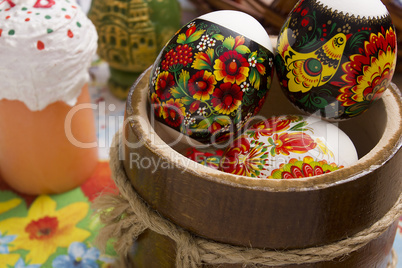 Easter eggs in a wooden bowl