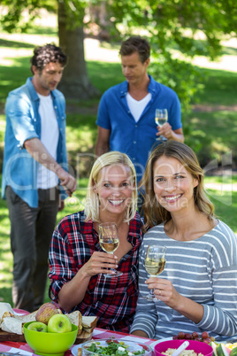 Friends having a picnic with wine