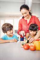 Happy children looking at mother chopping vegetables