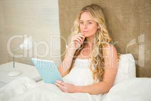 Pretty woman using tablet computer in her bed