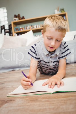 Close-up of boy writing in book at home