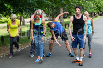 Marathon athletes stretching