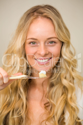 Beautiful blonde about to brush her teeth