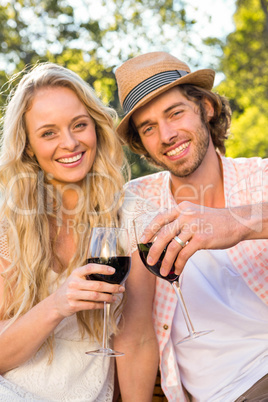 Happy couple having a picnic and drink red wine