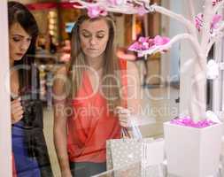 Two beautiful women window shopping