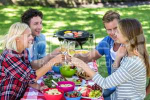 Friends having a picnic with wine