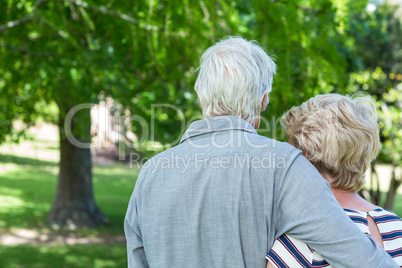 Rear view of senior couple embracing