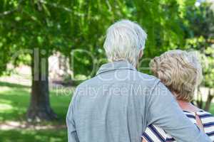 Rear view of senior couple embracing