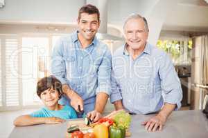 Happy man chopping vegetables with son and father