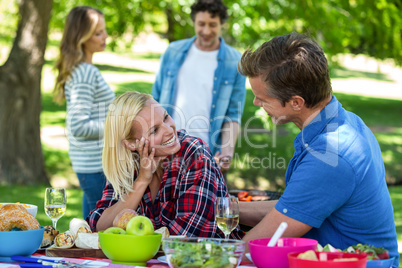 Friends having a picnic with wine and barbecue