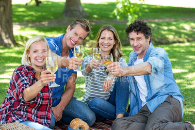 Friends having a picnic with wine