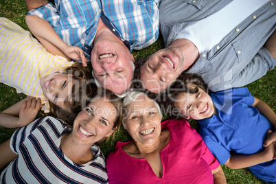 Smiling family lying in the grass