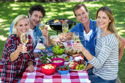 Friends having a picnic with wine