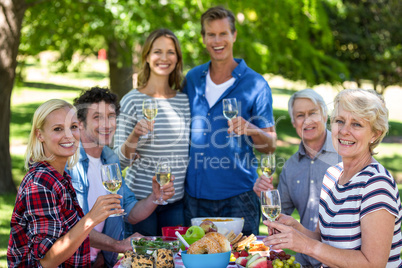 Friends having a picnic with wine